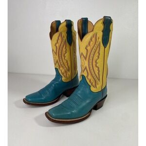 Justin Yellow/Teal Leather Square Toe Western Boots, Women's 7.5 B Style L2672